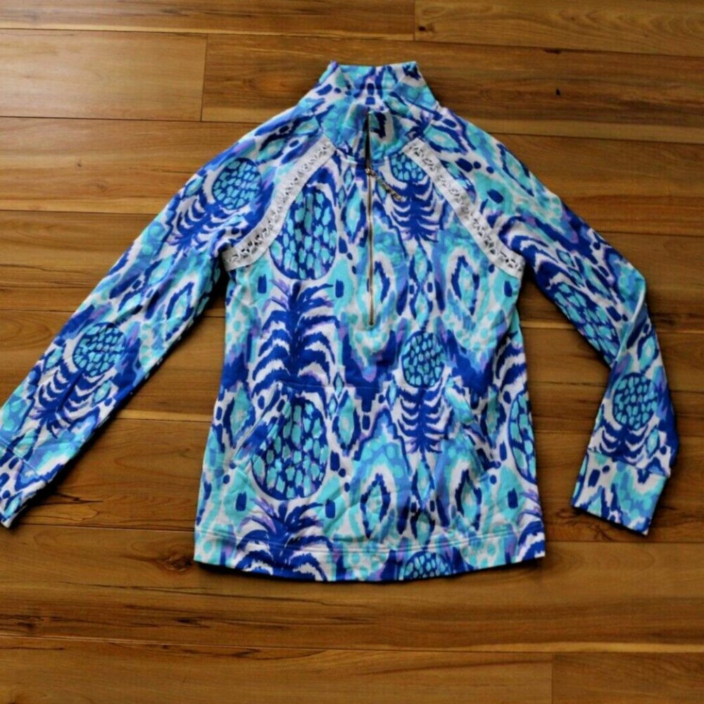 NEW Lilly Pulitzer Skipper Popover 1/2 Zip Shirt Serene Blue UPF 50+ W Small